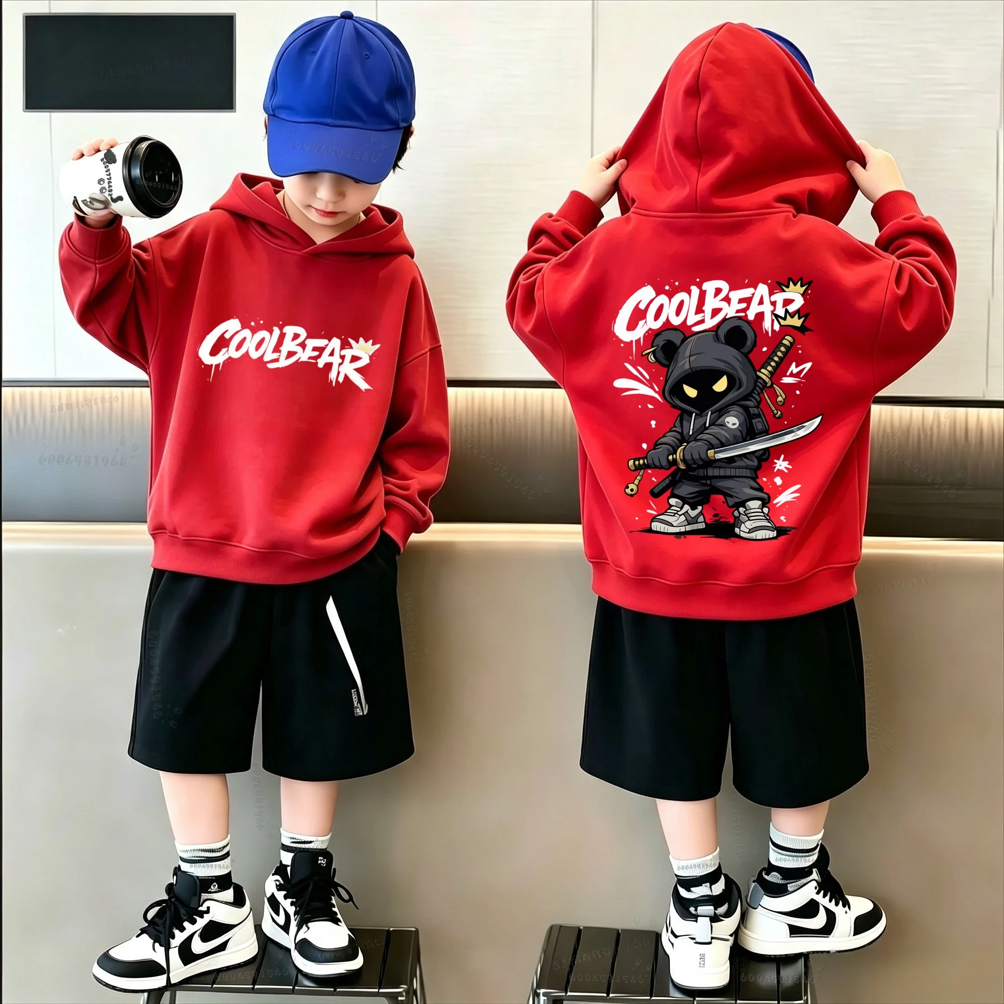 Fall/Winter Retro Cartoon Bear Patterned Printed Men's and Women's Universal Casual Children's Hooded Sweatshirt