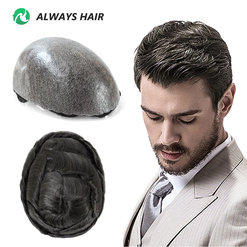 0.12-0.14mm PU Men Toupee Full Thickness Skin Indian Human Hair Men\'s Capillary Prothesis 130% Density Male Wig Free Shipping