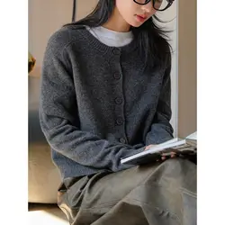 Autumn and Winter Women's Casual Solid Round Neck Long Sleeve Loose Cardigan Sweater