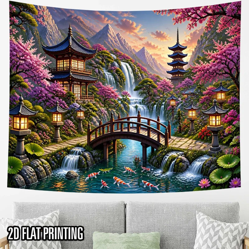 Japanese Garden Tapestry, Pagoda Bridge Waterfall Wall Hanging, Zen Asian Scenery Decor, Boho Living Room Bedroom Background Art