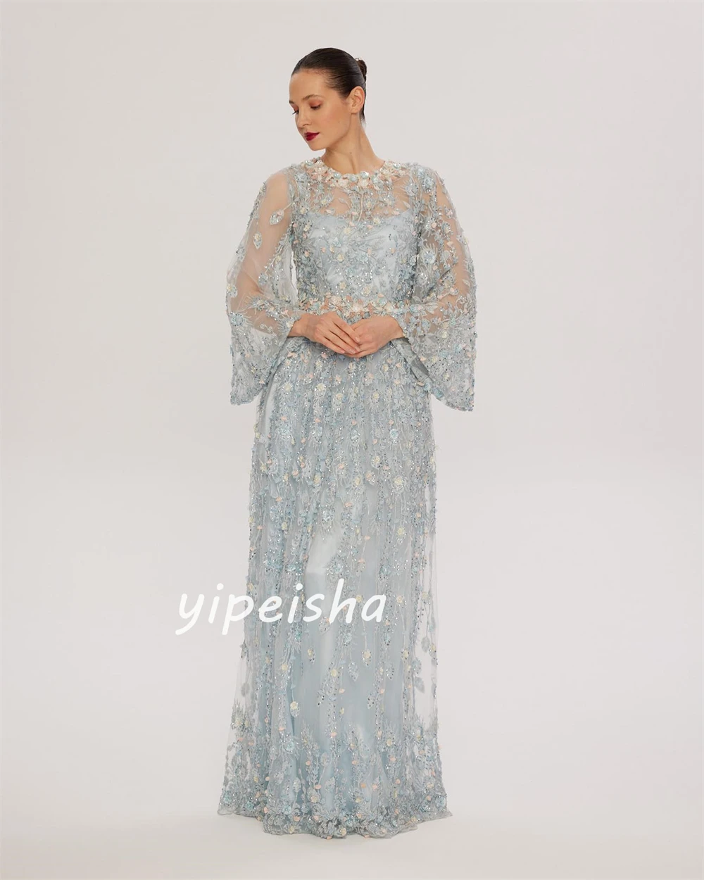 Lace Sequined Flower Beading Ruched Birthday A-line High Collar Bespoke Occasion Gown Long Dresses