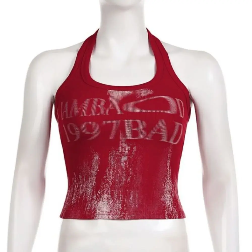 Crop Top Y2K Retro Alphabets Camisole Tank Top Umbilical Hanging Neck Strap Top Slim Ultra Short Umbilical Corset