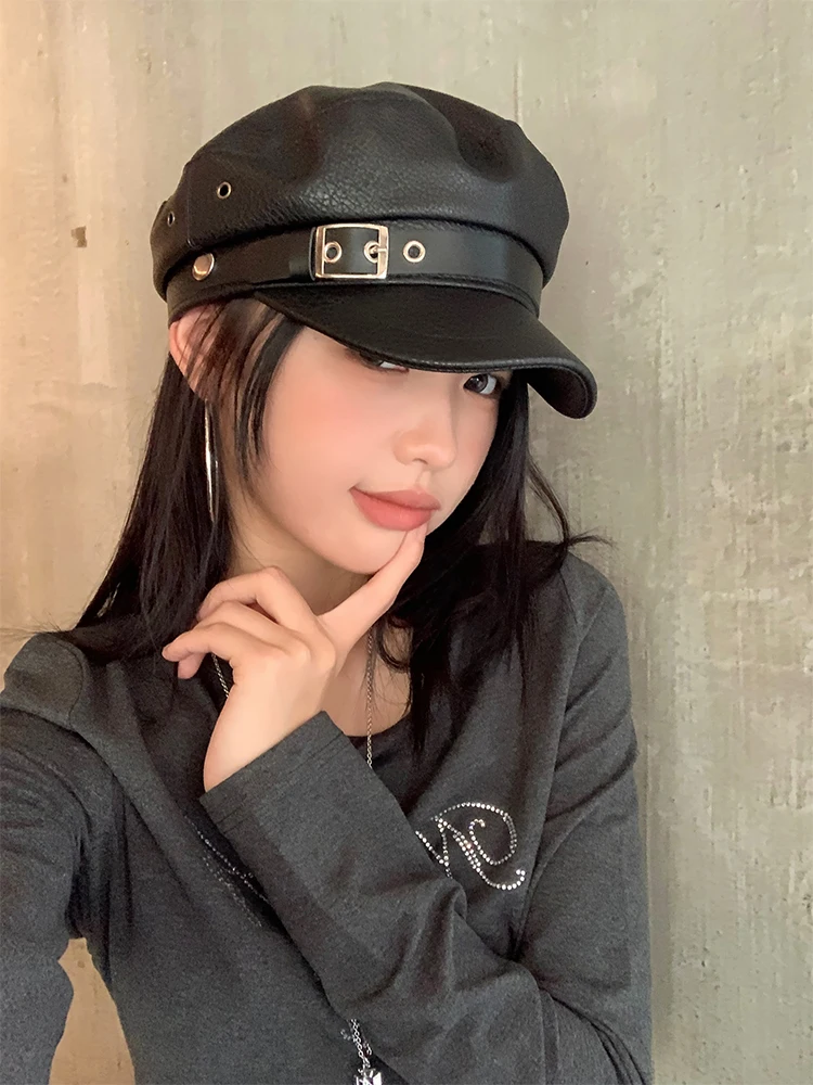 Black PU Leather Beret Hat Women's Korean Retro Street Style Fall Winter Y2K Trendy Artist Cap round Top Wide Brim Hat