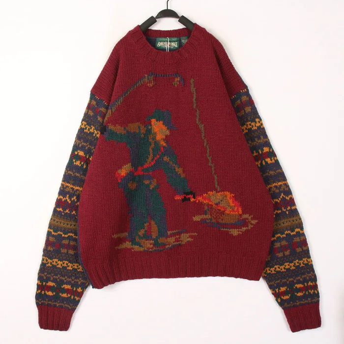 

Vintage Boho Loose Fit Woolen Sweater Overhead Color Block Totem Autumn Winter Loose Knitwear Women's Fashion Commute Style