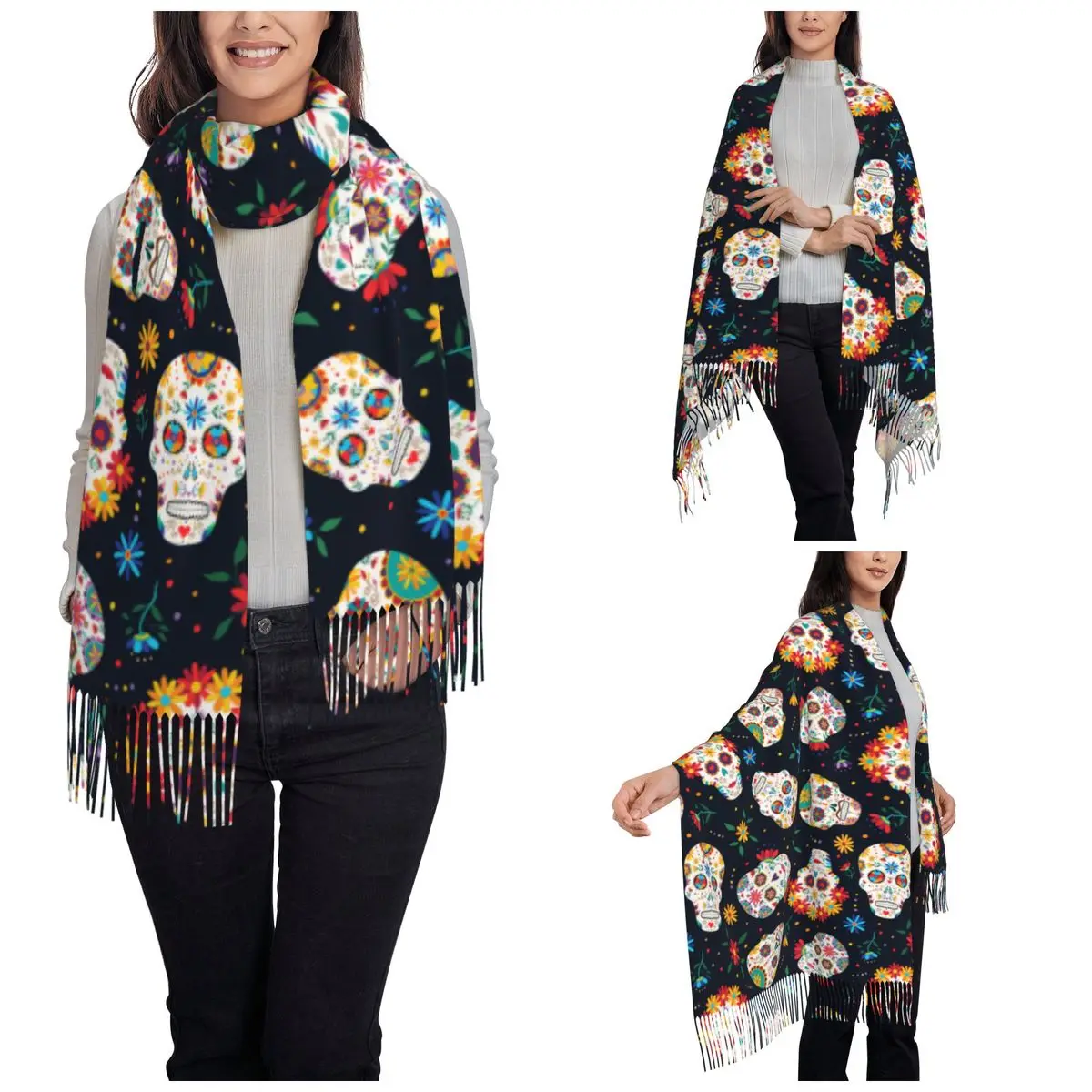 Day Of The Dead Floral Sugar Skull Calavera Shawl Wrap Women Warm Large Long Scarf Dia De Los Muertos Pashminas Tassel Scarves