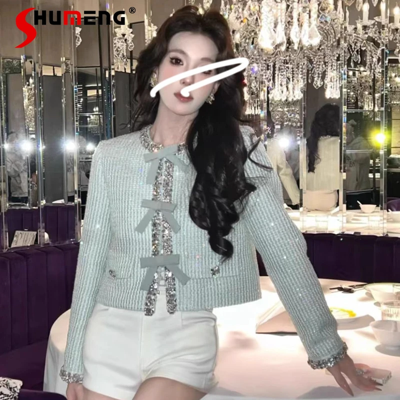 

Women's 2025 Autumn New Bowknot Rhinestone Tweed Coats Feminine Short Style Jackets Women's Light Luxury Beaded Woven Jackets