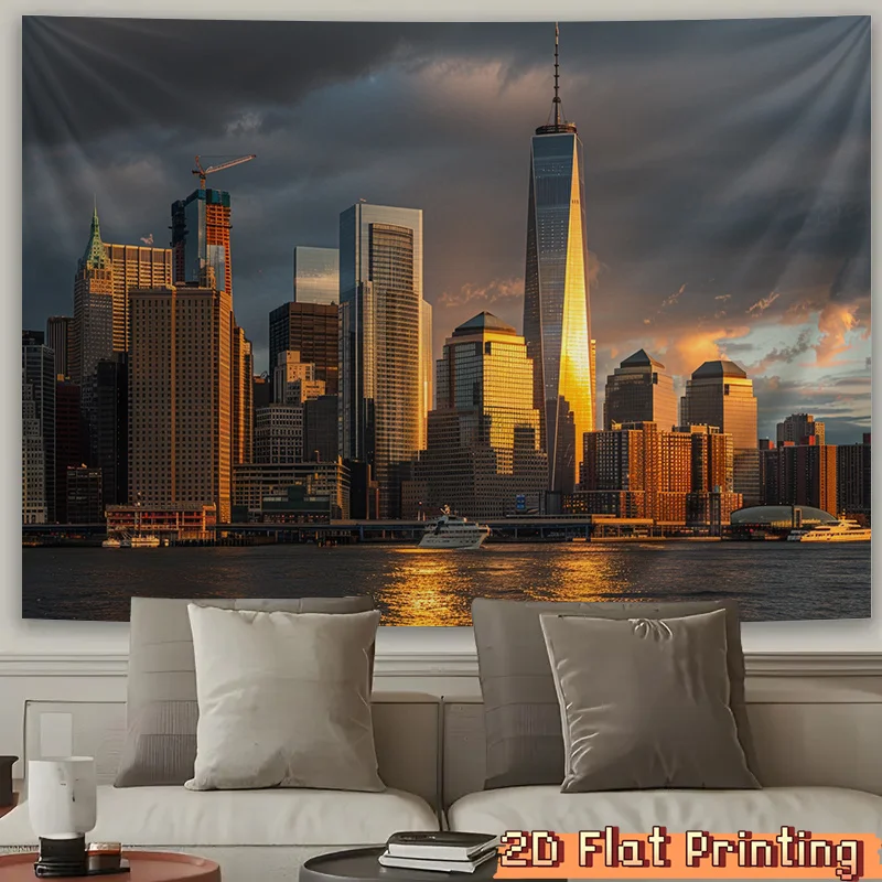 Giant City Skyline Tapestry Wall Hanging Art Decor Modern Urban Downtown Sunset View 180x280cm