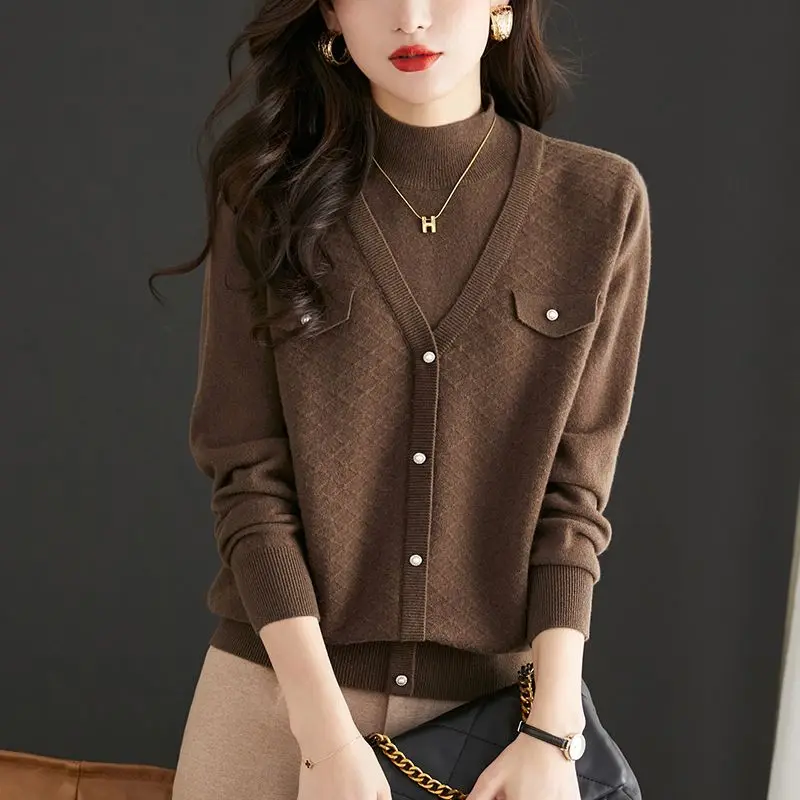 Autumn Winter Fashion Buttons Solid color Half height collar Long sleeve Pullovers Ladies office Lady fake two pieces knitting