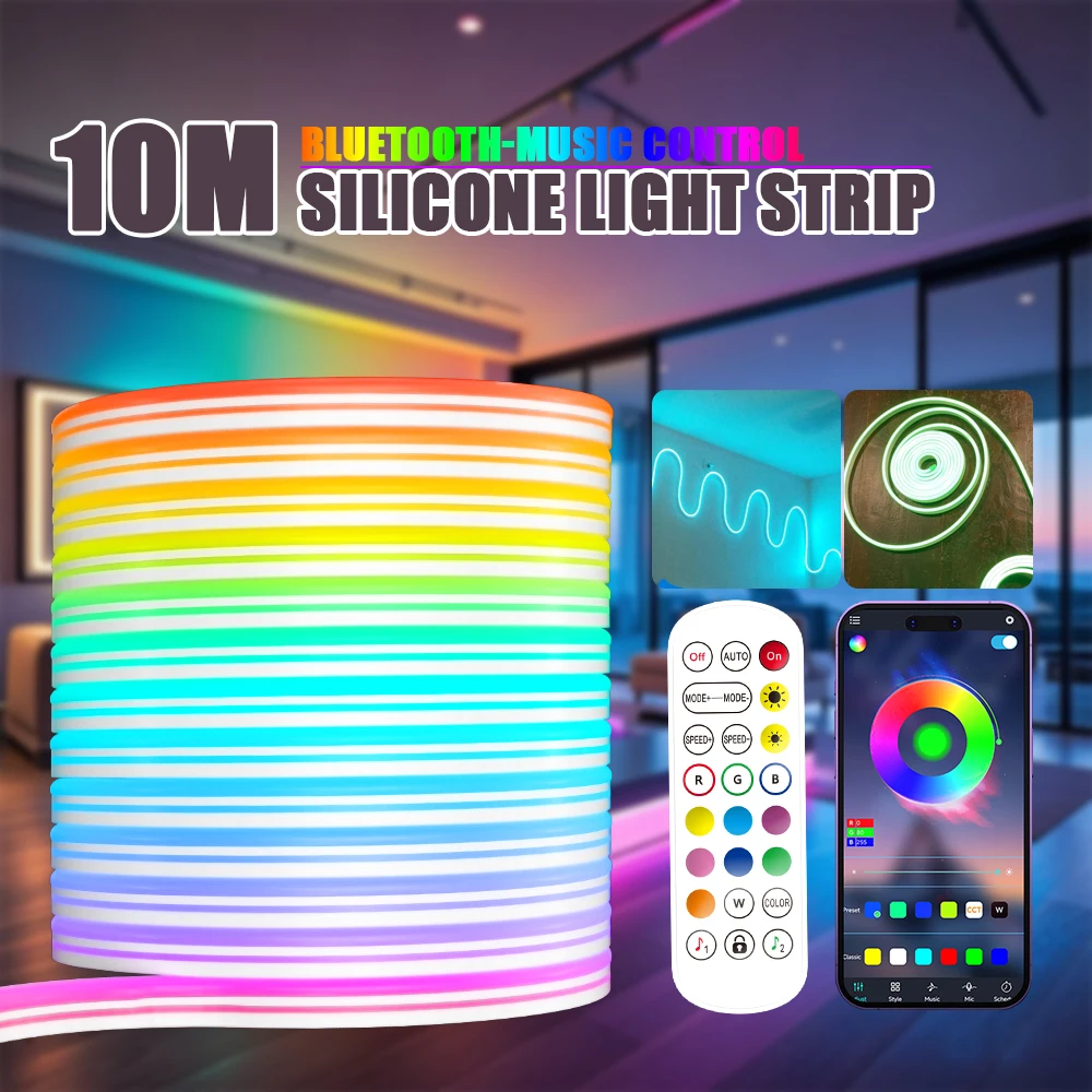 

Неоновая светодиодная лента 12-24 В 84 светодиода/м Гибкая силиконовая RGB Bluetooth Синхронизация музыки Водонепроницаемая световая лента 10 м RGB Неоновая веревка DIY Режет