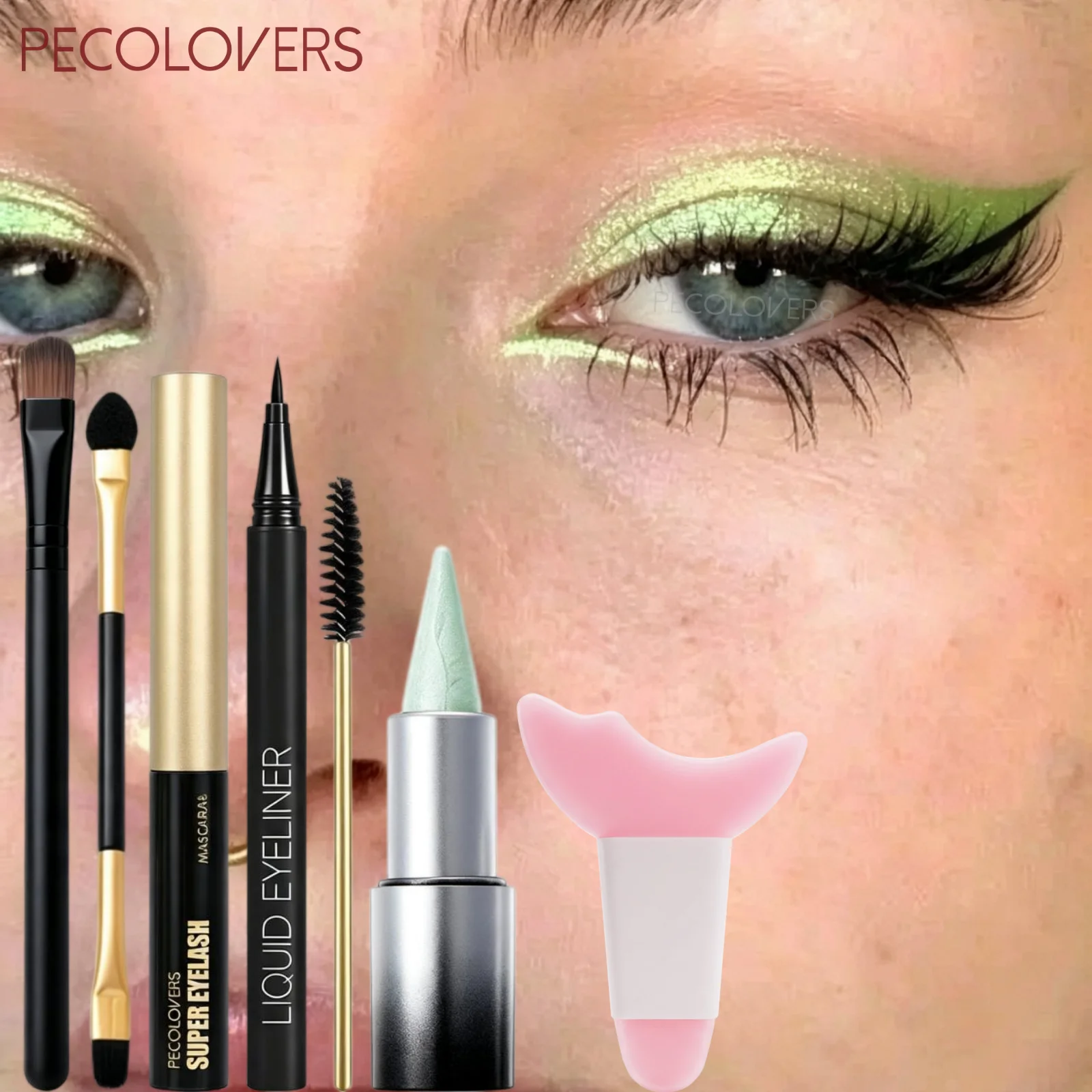 7 piezas/set: Barra de sombra de ojos verde + Delineador negro + Máscara de pestañas + Set de brochas - Resistente al agua, perlado, crea un maquillaje de ojos impresionante
