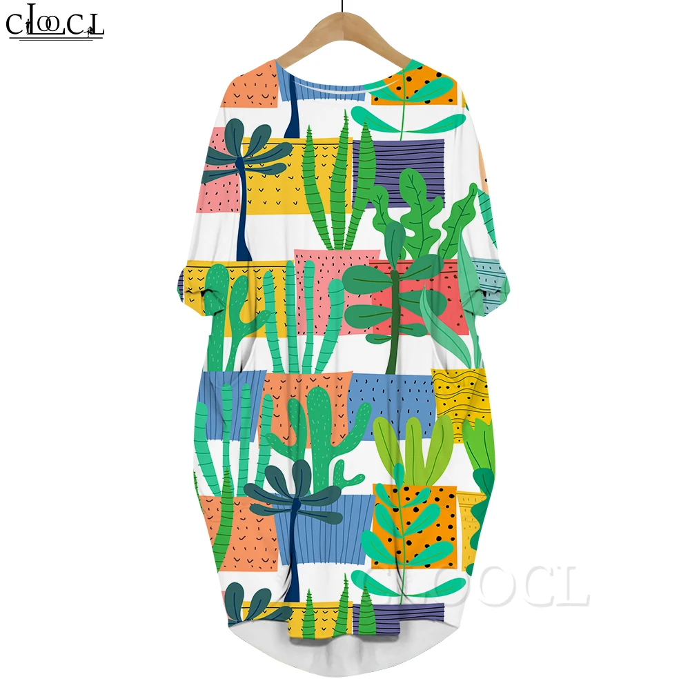 

CLOOCL Casual Dress Potted Green Plants Pattern 3D Printed Loose Long Sleeve Dress with Pocket Female Clothes Vestidos 2022