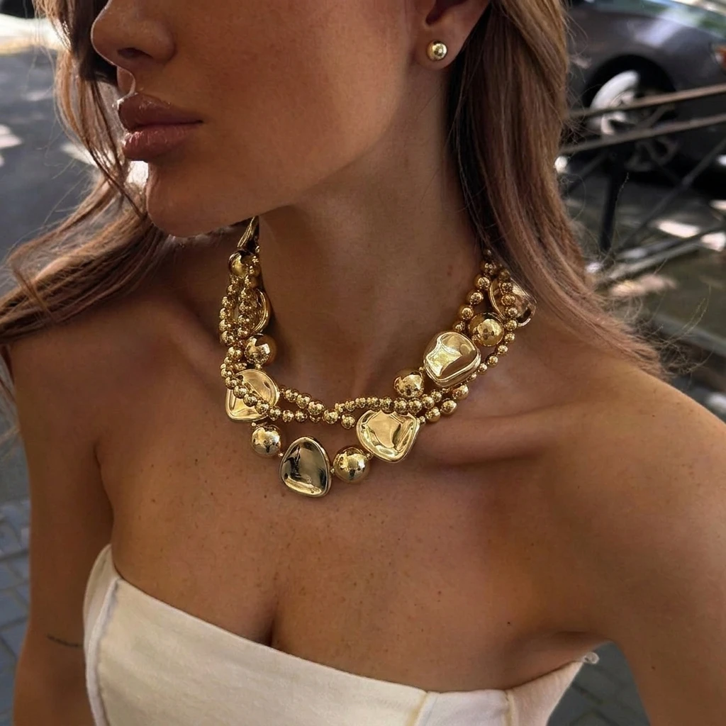 Vintage Irregular Geometric CCB Beaded Jewelry Set For Women Multilayer Winding Choker Necklace Round Ball Earrings Party Gift