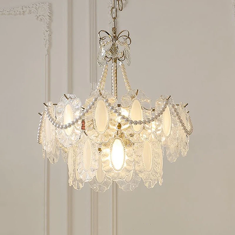 النمط الفرنسي الفاخرة الرجعية اللؤلؤ الزجاج قلادة مصباح النمط الأوروبي ضوء ديكور المنزل الفاخر غرفة المعيشة كريستال الثريا