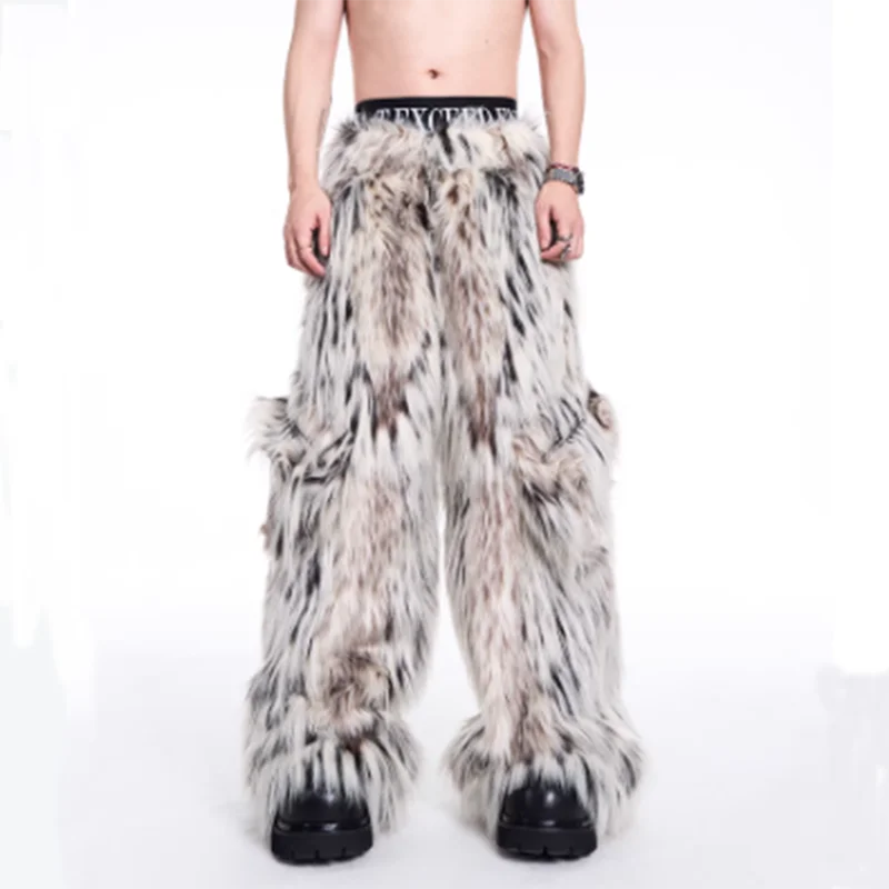 FEWQ 2024 Winter New Men\'s Two-piece Long Imitation Fur Leopard Print Coat Big Pockets Dedign Trousers Casual Male Sets 24E5006