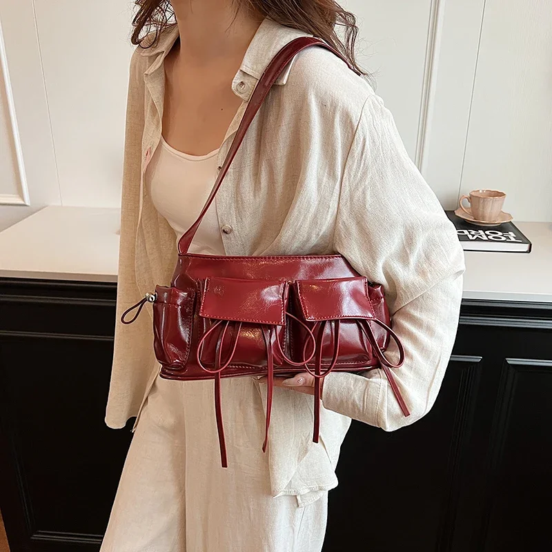 Y2K Korean Fashion Underarm Shoulder Bag Red Silver Female Bag Pu Leather Armpit Bag Chain Handbag Tote Clutch Bag High Capacity