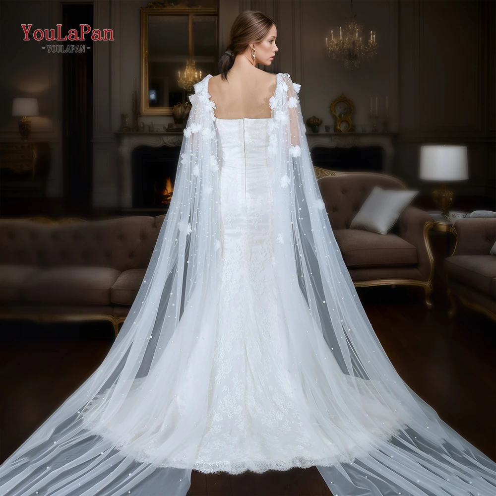 YouLaPan VG110 3D Flowers Wedding Dress Bolero Removable Bridal Cape DIY Long Cloak White Jacket Woman Wedding Cathedral Droped