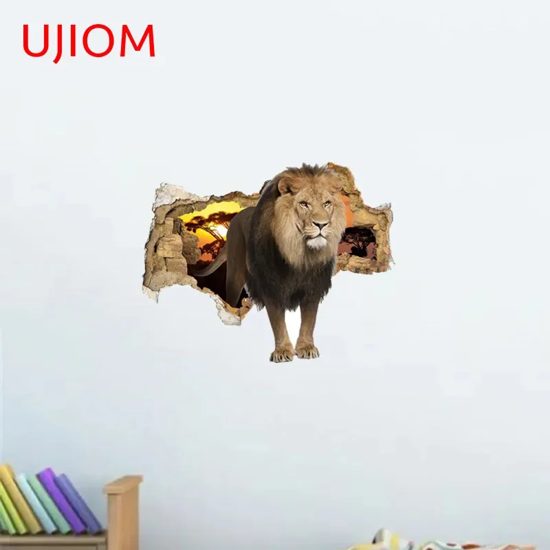 UJIOM 13cm X 10.2cm Lion Animal 3D Tear Wall Stickers Waterproof Personality Kids Room Bedroom Decal Home Decor Wallpapers