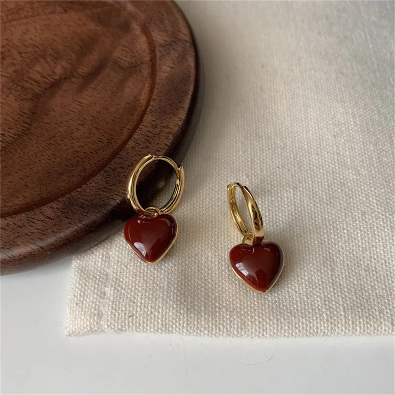 New Simple Design Wine Red Love Heart Dangle Earrings For Women Gold Color Circle Vintage Peach Drop Earring Can Be Separated