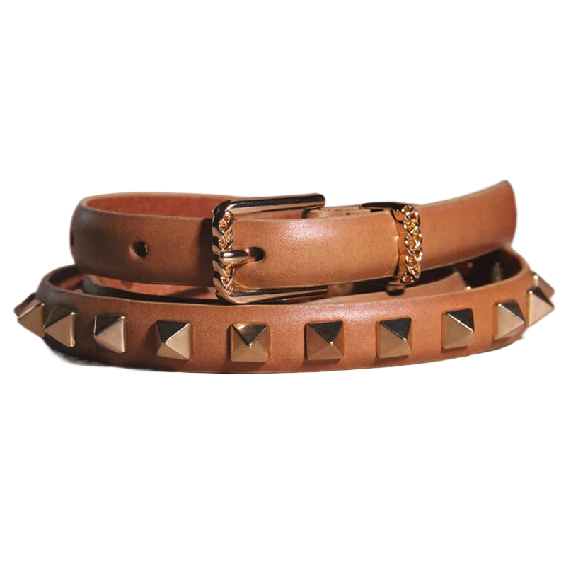 Women's fashionable belt with genuine leather rivets, trendy and versatile thin belt, high-quality genuine leather belt