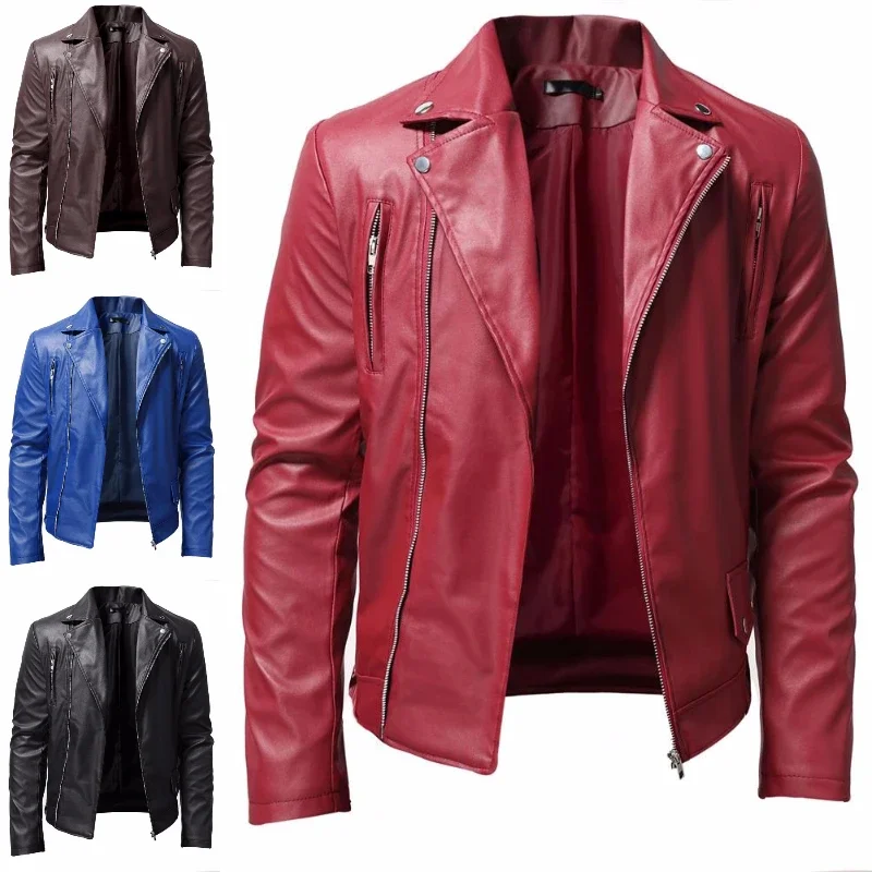 2024 Autumn New European and American Men\'s PU Leather Jacket Stand Up Collar Punk Motorcycle Leather Jackets Coats Men