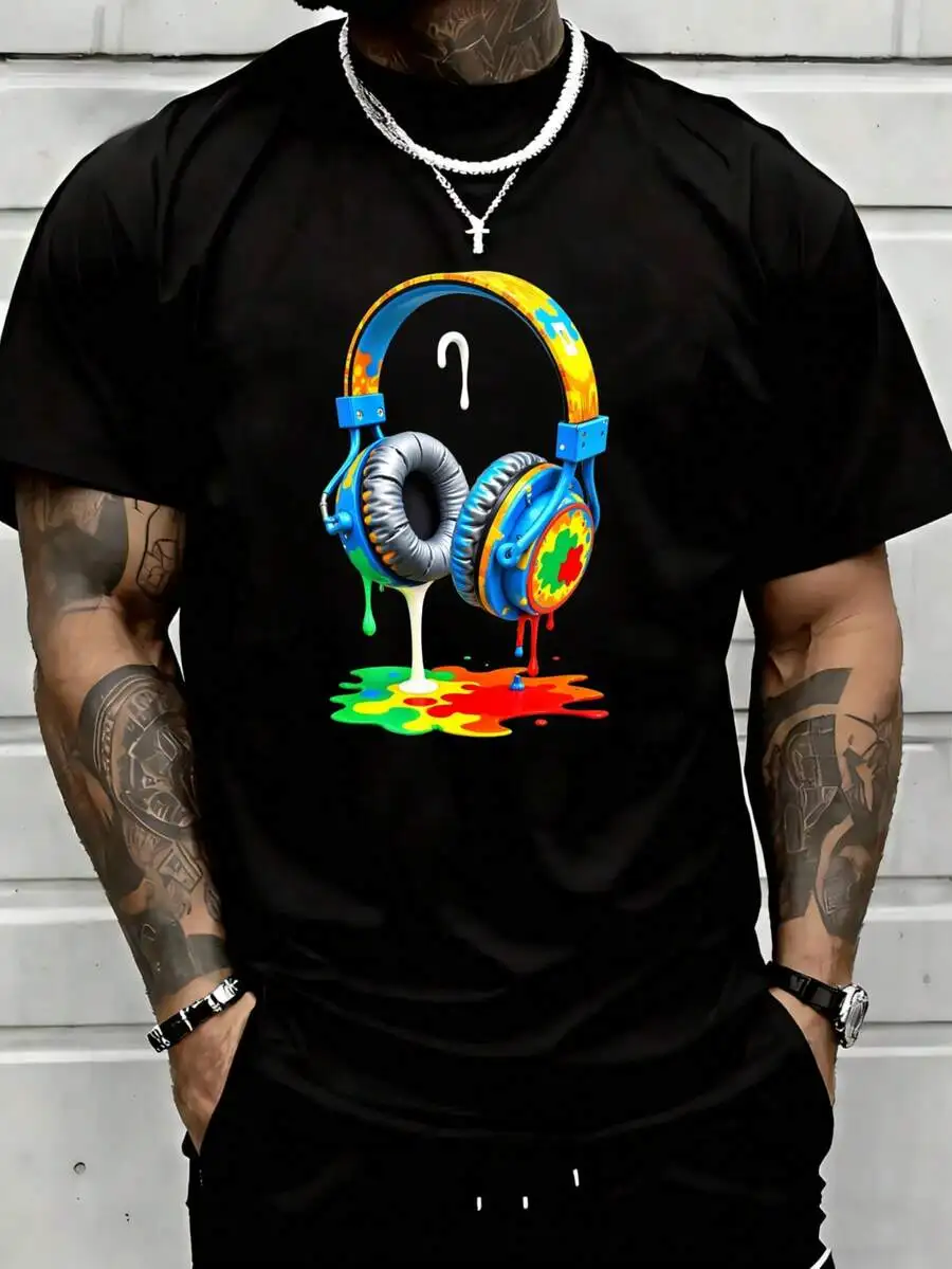 Men's Casual Spring Summer T-Shirt with Headphone Design