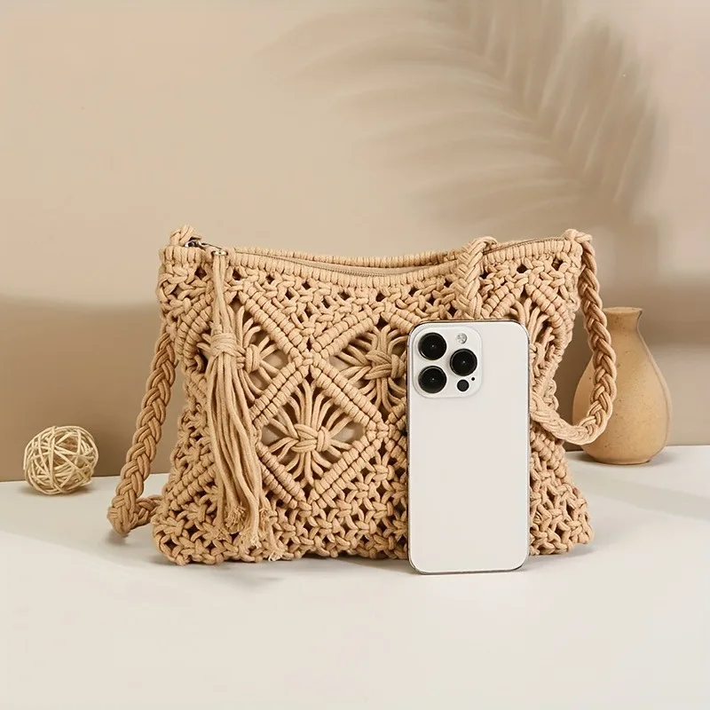 Handmade Bohemian Woven Rope Crossbody Bag with Tassel Detail, Summer Beach Clutch Shoulder Bags for Women, Geometric Design view 3