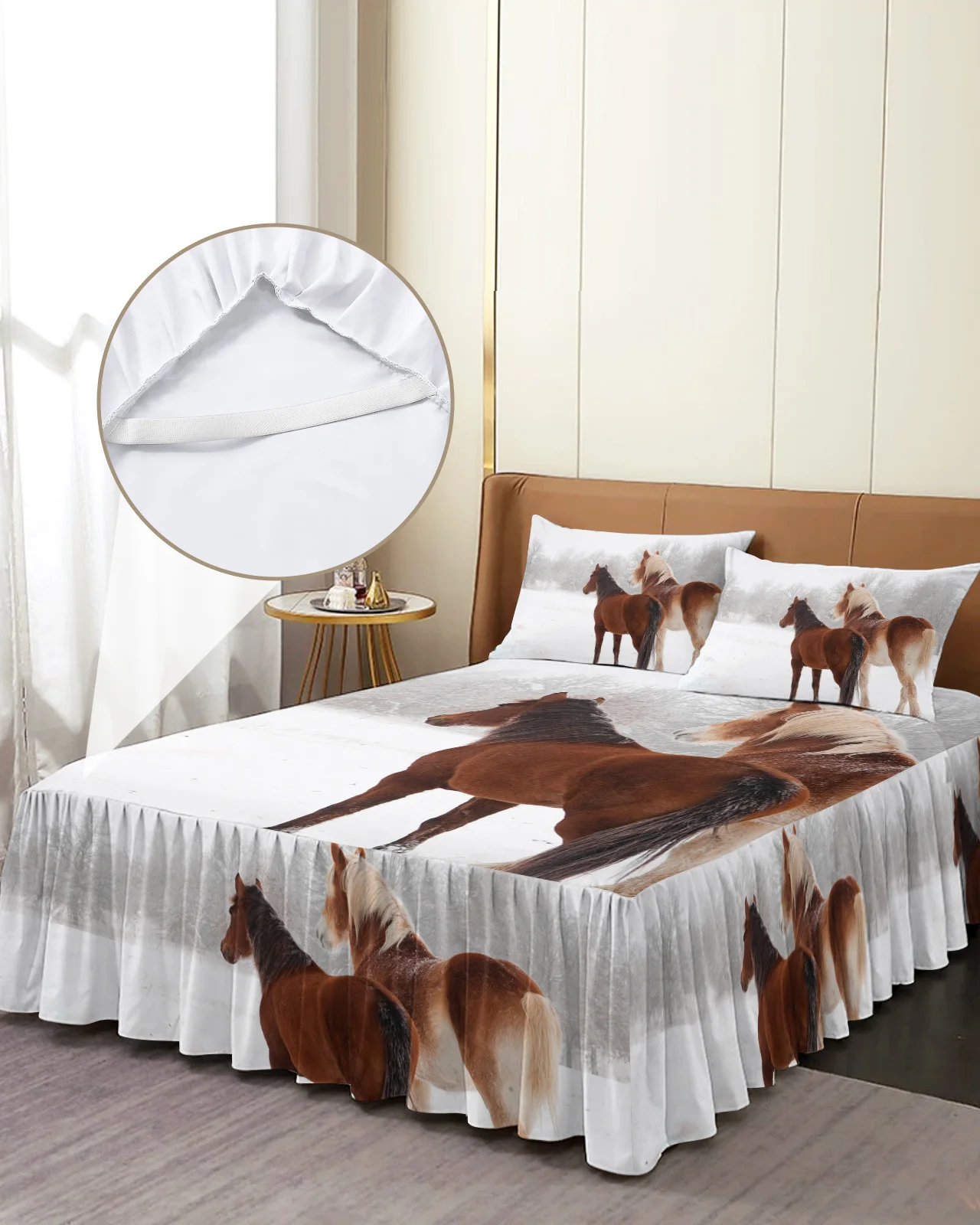 Horse Snow Scene Animal Bed Skirt Elastic Fitted Bedspread With Pillowcases Bed Protector Mattress Cover Bedding Set Bed Sheet