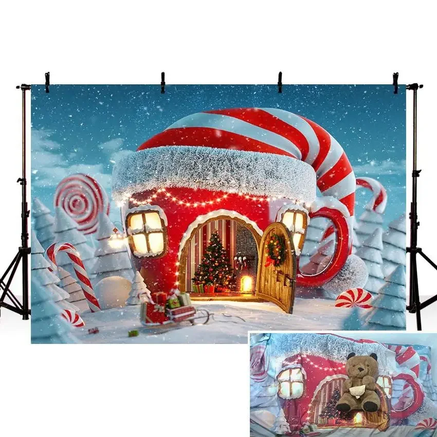 Christmas Backdrop Winter Snow Candy Cake House Tree Fireplace Boots Donut Book Baby Dreamy Photo Background for Photo Studio