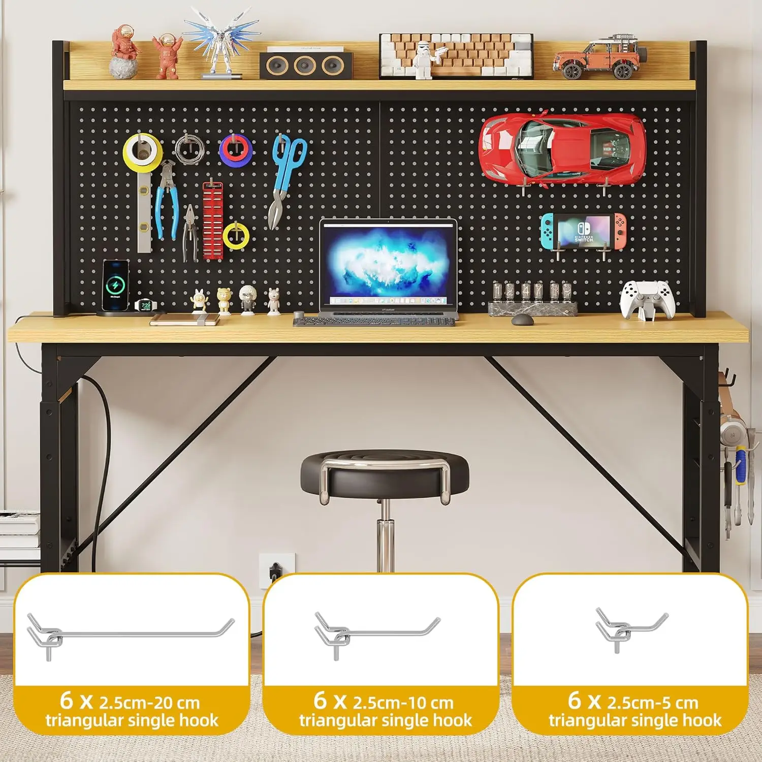 60" verstellbare Werkbank mit Stecktafel, robuste Werkbank mit Holzplatte und Rollen, 1600 Pfund Tragfähigkeit, rollende Arbeit