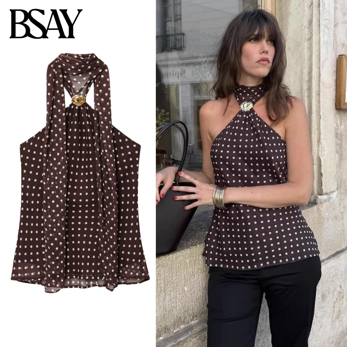 

BSAY Backless Wave Point Halter Top for Women Fashion Autumn Winter New Sleeveless Tank Chic Female Sexy Streetwear Vest Mujer