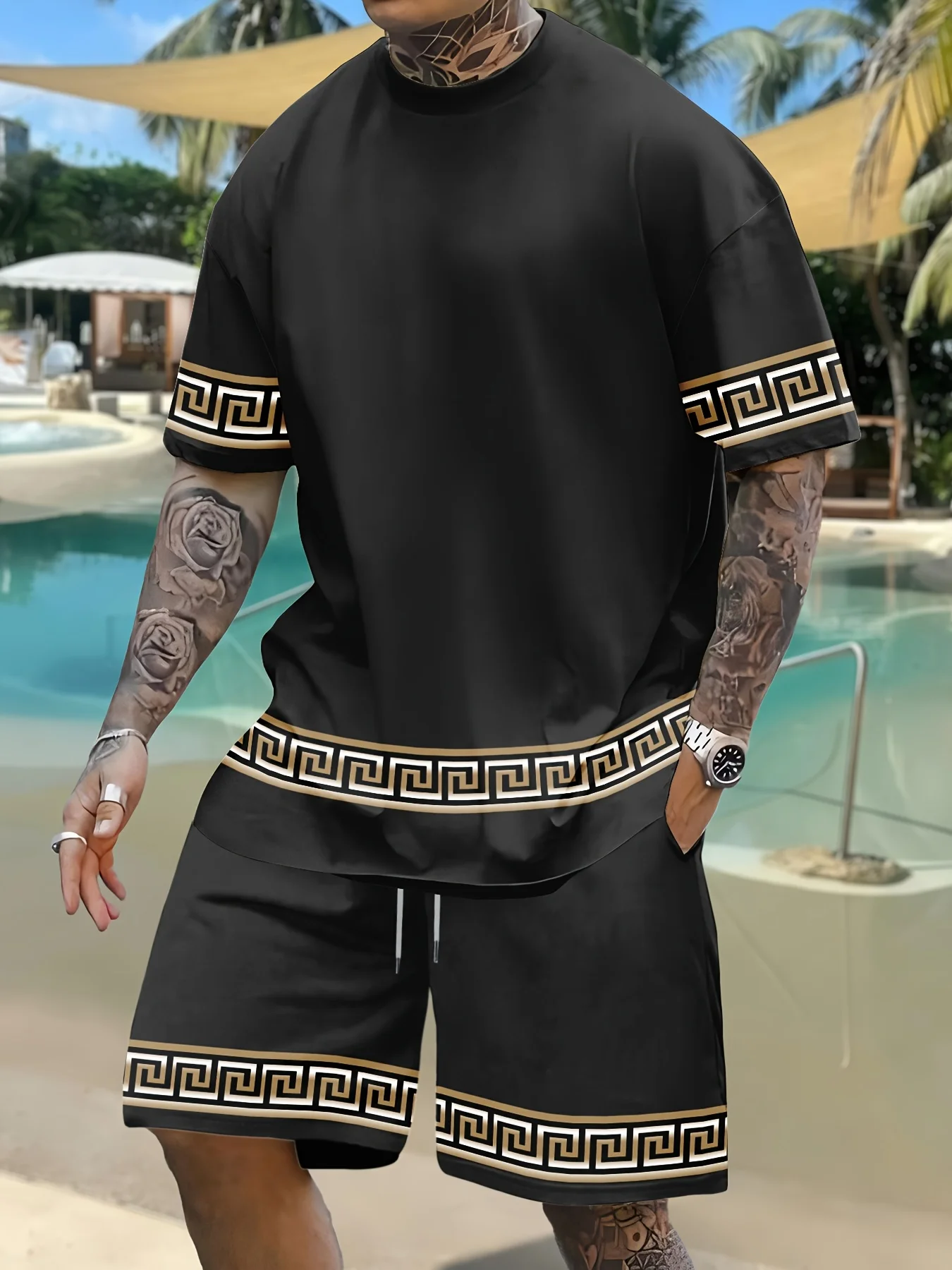 

2025 Round Neck T-shirt and Shorts Polyester Men's Casual Sports Suit Leisure Two Piece Set of Shirt and Shorts