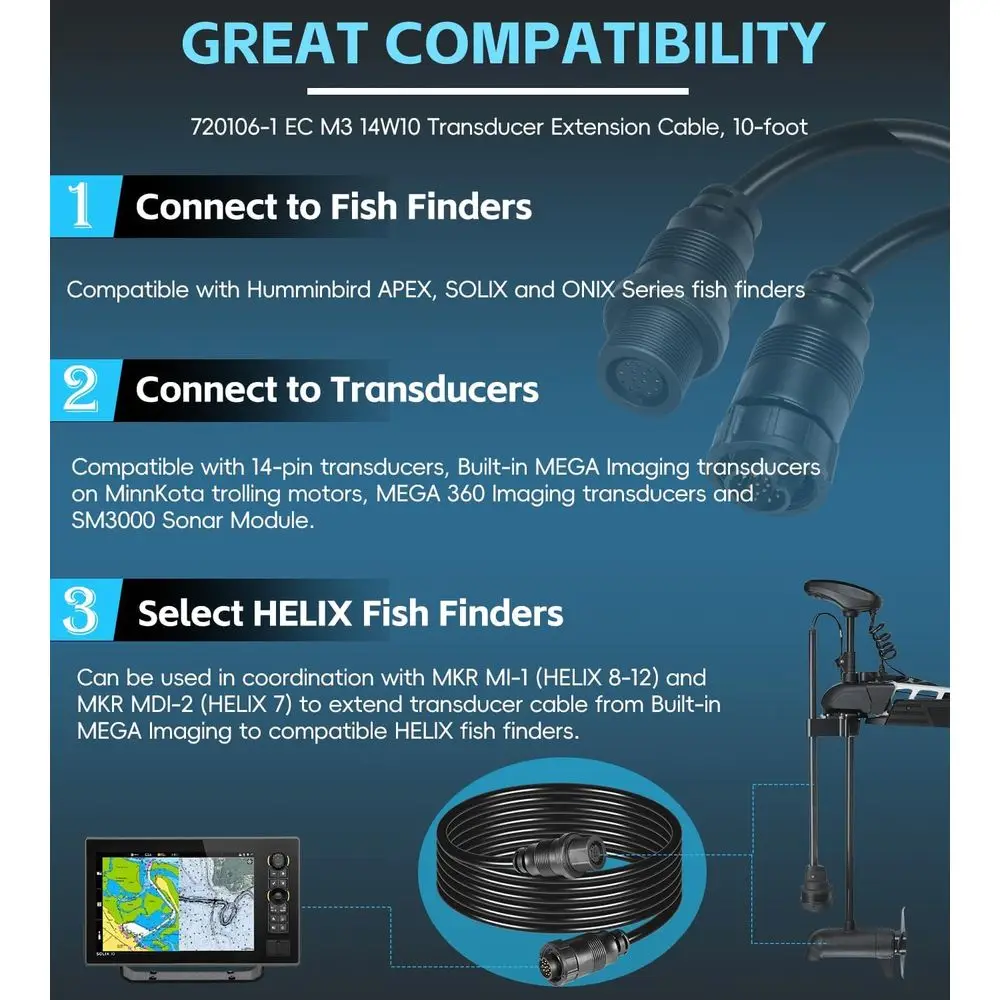 720106-1 EC M3 14W10 كابل تمديد محول الطاقة (10 أقدام) لـ Humminbird APEX، SOLIX، Onix Fish Finders Sonar Cable، متوافق مع