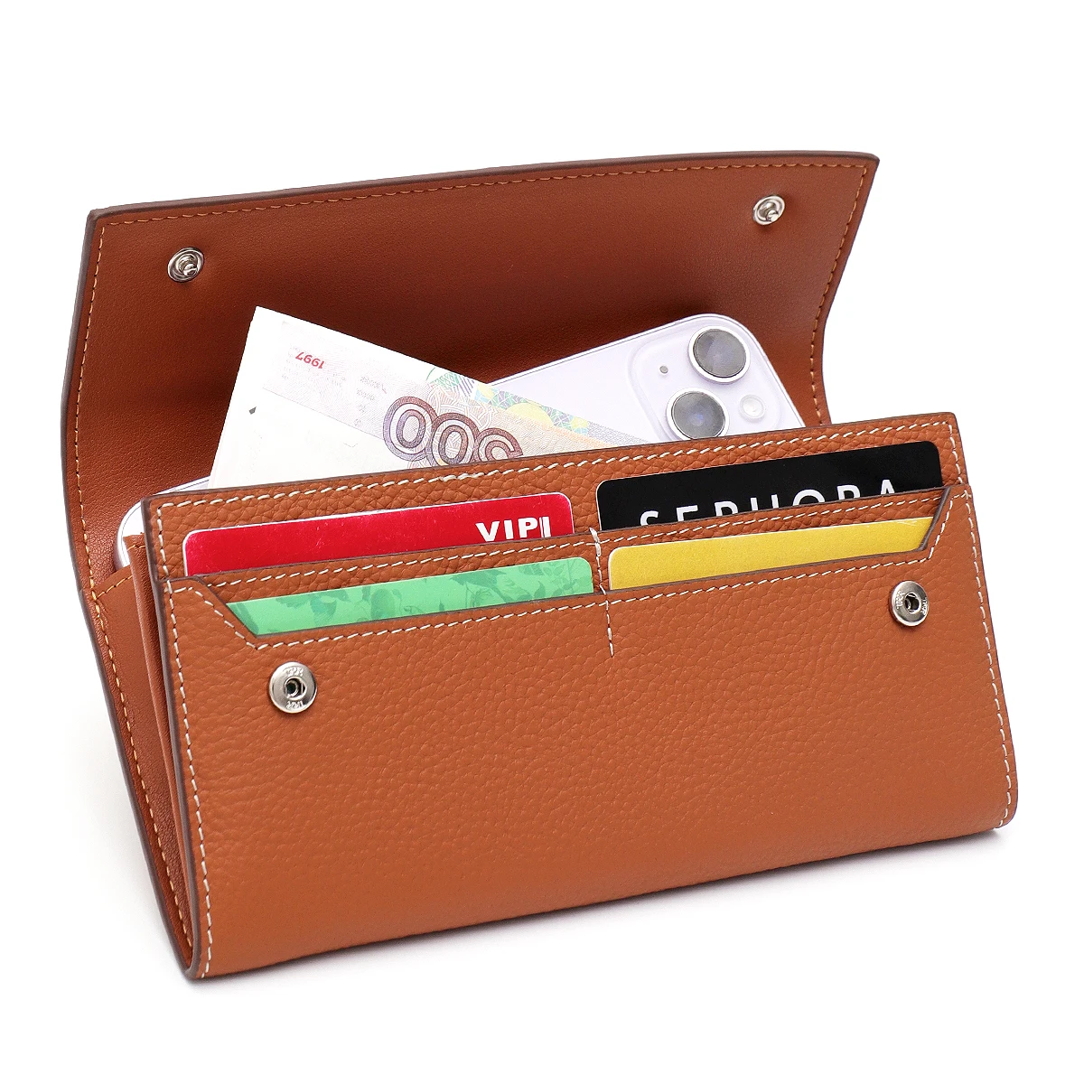 SC Women Elegant Daily Long Wallet Genuine Leather Button Flap Cover Multi Card Holders Cash Slots Phone Purse Coin Purse Clutch