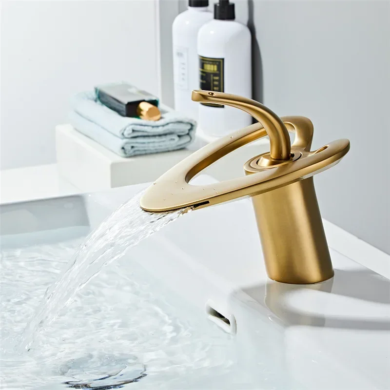 

Brushed Gold Bathroom Basin Faucet Black Bathroom Brass Creative Sink Mixer Tap Hot & Cold Waterfall Basin