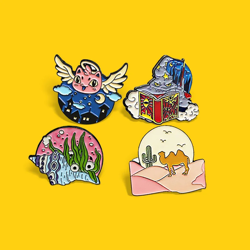 

Sun And Moon Elves Angel Conch Desert Enamel Pins Brooch Magic Wizard hat Gothic Desert Badges Brooches Jewelry Gift for friend