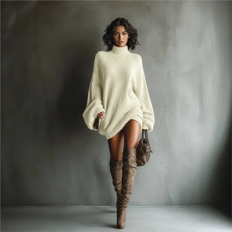 Retro Solid Color Women's Knitted Sweater Dress Autumn Winter Fashion High Neck Loose Mini Dresses Ladies Warm Office Clothing
