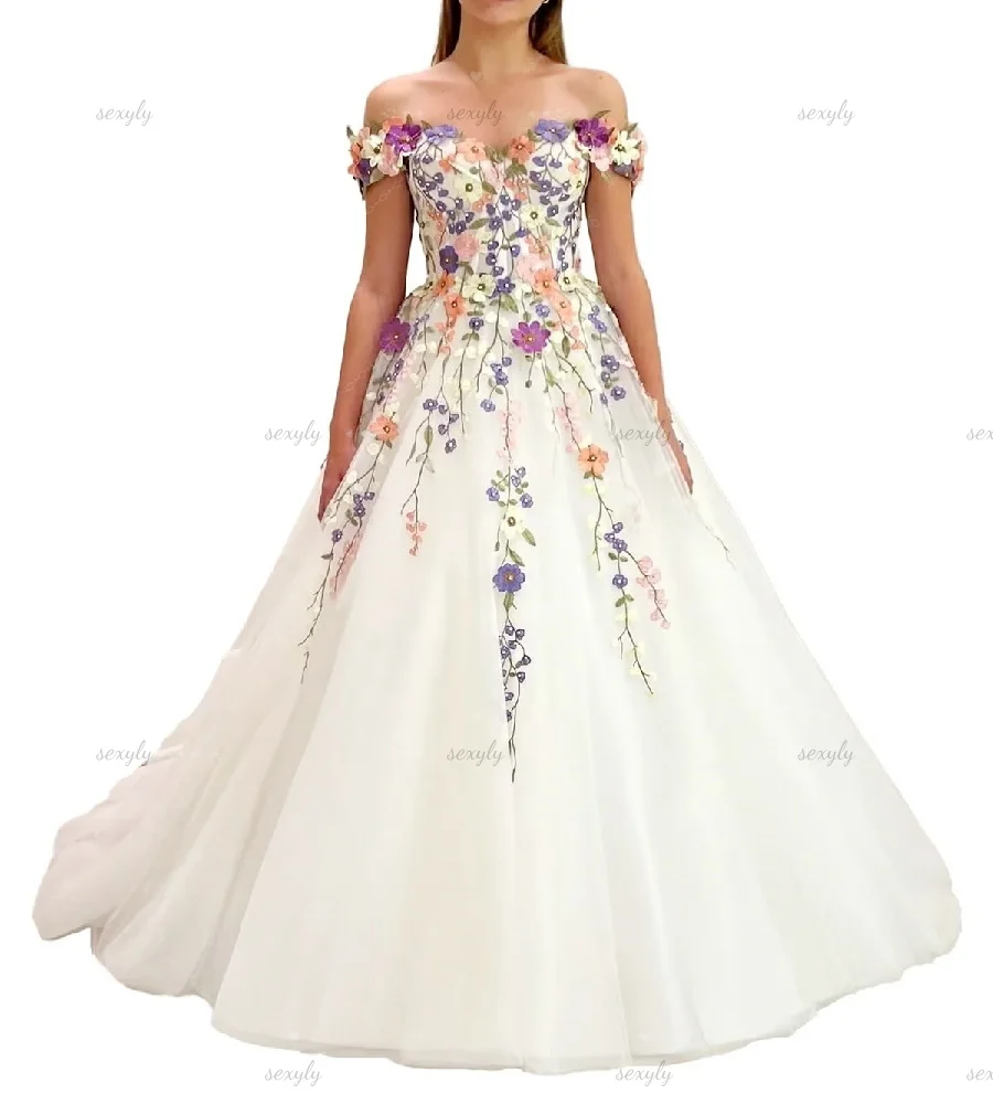 Vintage Black Gothic Wedding Dress With Colorful Floral Off Shoulder A Line Tulle Civil Bridal Gowns Courthouse Celtic Reception