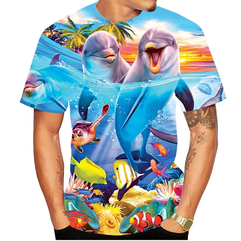 

3D Printed Dolphins T Shirt For Men Marine Animal Graphic T-Shirts Fashion Loose Unisex Short Sleeve Tops Street Round Neck Tees