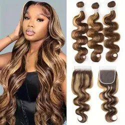 Highlight Bundles With Closure Brazilian Human Hair Ombre Body Wave Bundle With Frontal P4/27 Brown Color Remy Hair Weave Bundle