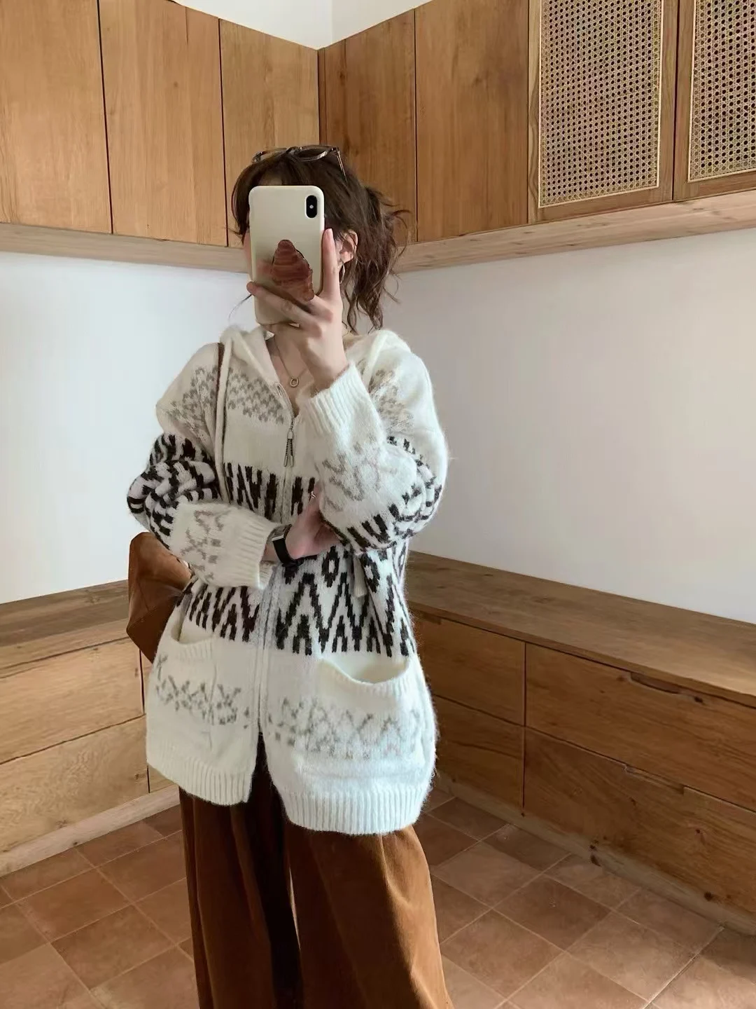 

Retro Pattern Splicing Design Hooded Zipper Dstring Women's Sweater Casual Comfortable Long Sve Autumn Warm Knitwear