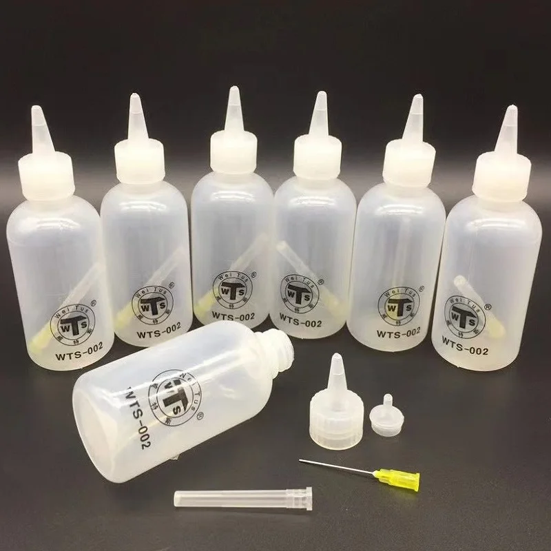 WTS-001 50ml końcówka igły plastikowa butelka z kalafonią płyn do czyszczenia topnik alkoholowy dozownik oleju plastikowa ręczna butelka do czyszczenia DIY naprawa
