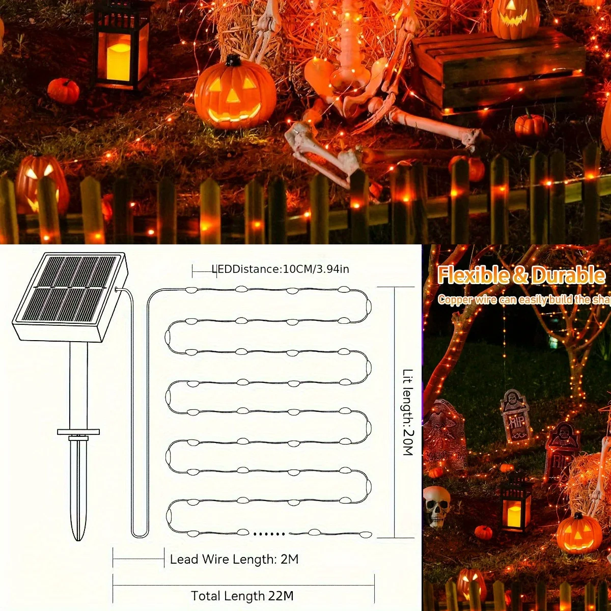 7M/12M/17M/22M Halloween Solar String Lights Outdoor Orange LED Copper Wire Fairy Lights 8 Modes IP65 Waterproof Party Decor