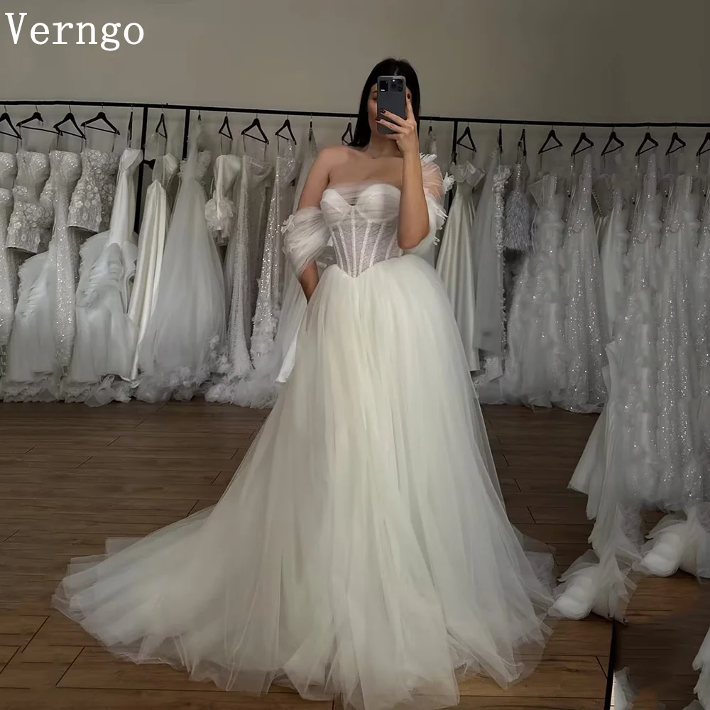 

Verngo простое тюлевое свадебное платье милая с открытыми плечами трапециевидное свадебное платье женское платье невесты со шлейфом по индивидуальному заказу