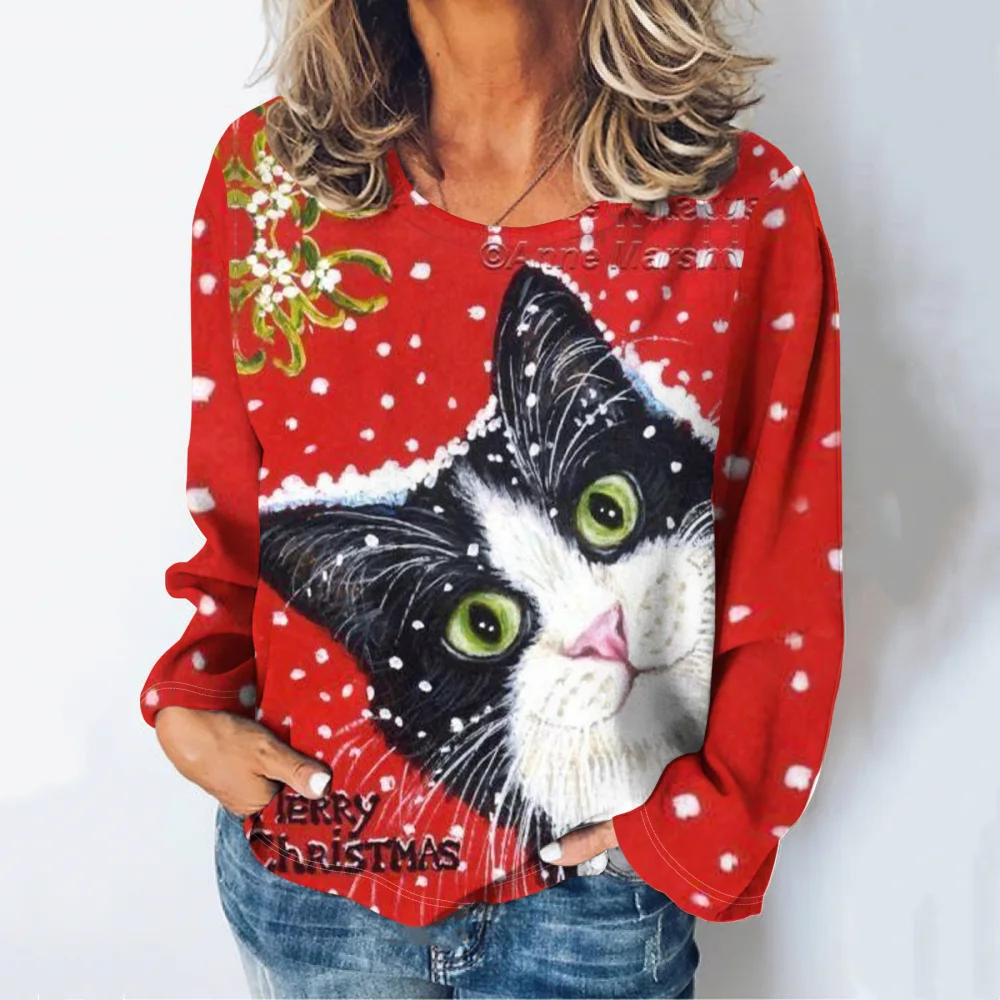 Fashions Women\'s T-Shirts Cute Kitten Print Girl Summer Harajuku Loose Casual Clothing Kawaii Round-Neck Long Sleeve T-Shirts
