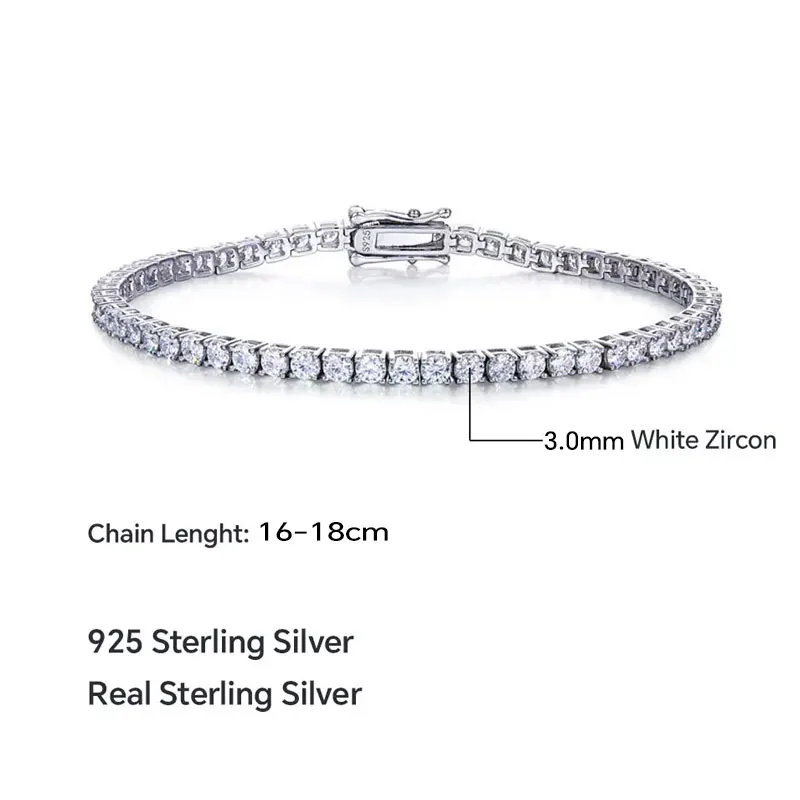 3mm Tennis Bracelet 925 Sterling Sliver Bracelets white 16-18cm Bangles Hip Hop 5A Zircon