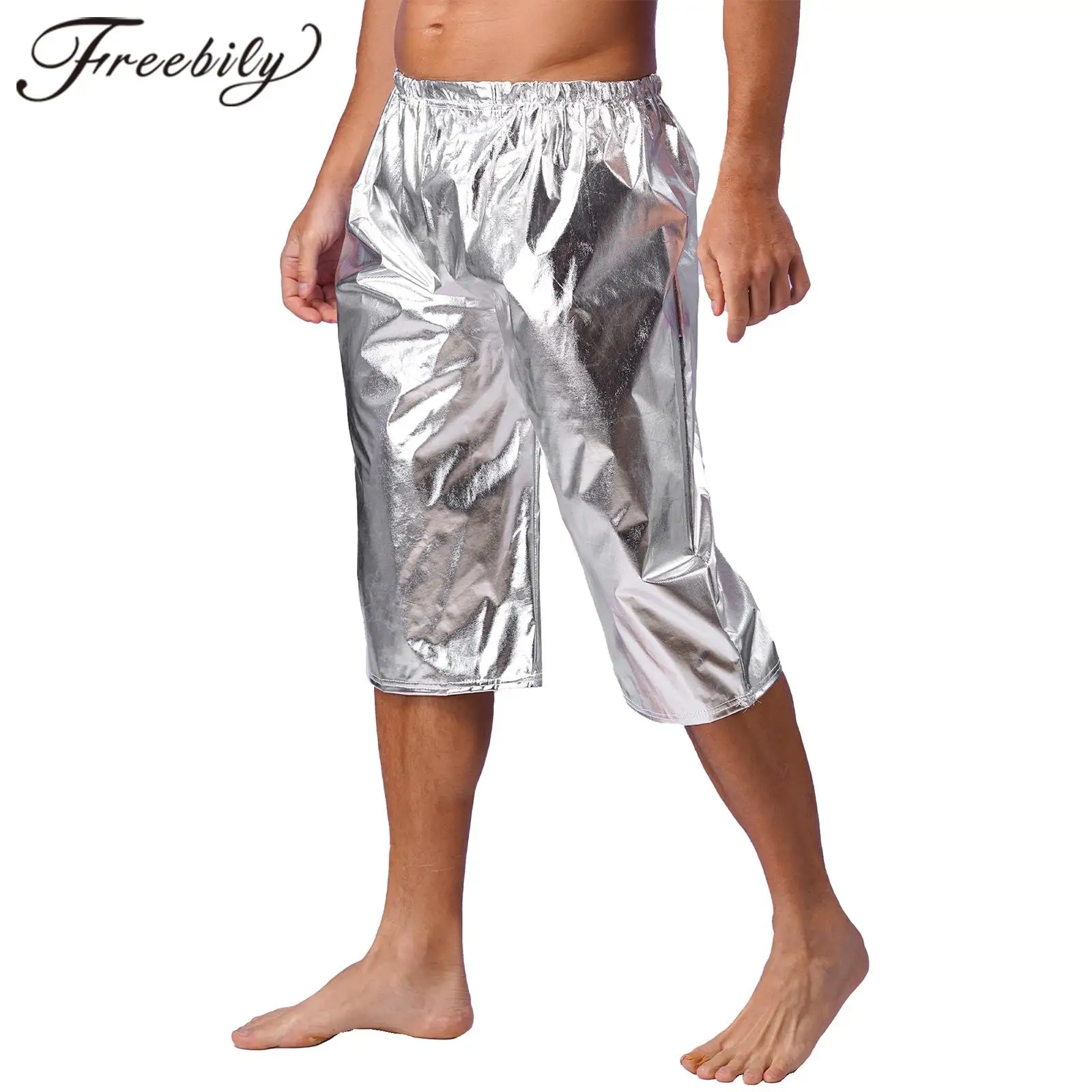 

Mens Shiny Metallic Shorts Fashion Loose Short Pants for Music Festival Rave Outfit Disco Theme Party Stage Performance Clubwear