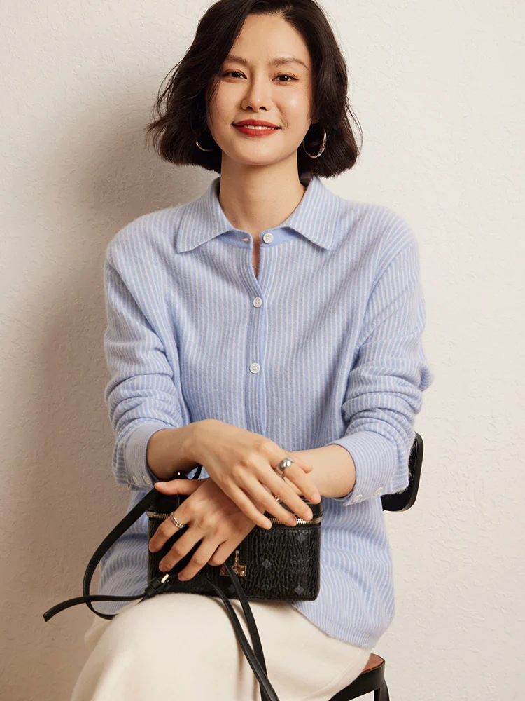 Nowy Elegancki Damski Sweter Kaszmirowy 100% Pionowe Paski Kołnierzyk Koszulowy Kaszmirowe Guziki Kardigan Biurowy Jesienno-Zimowy Wygodny Top