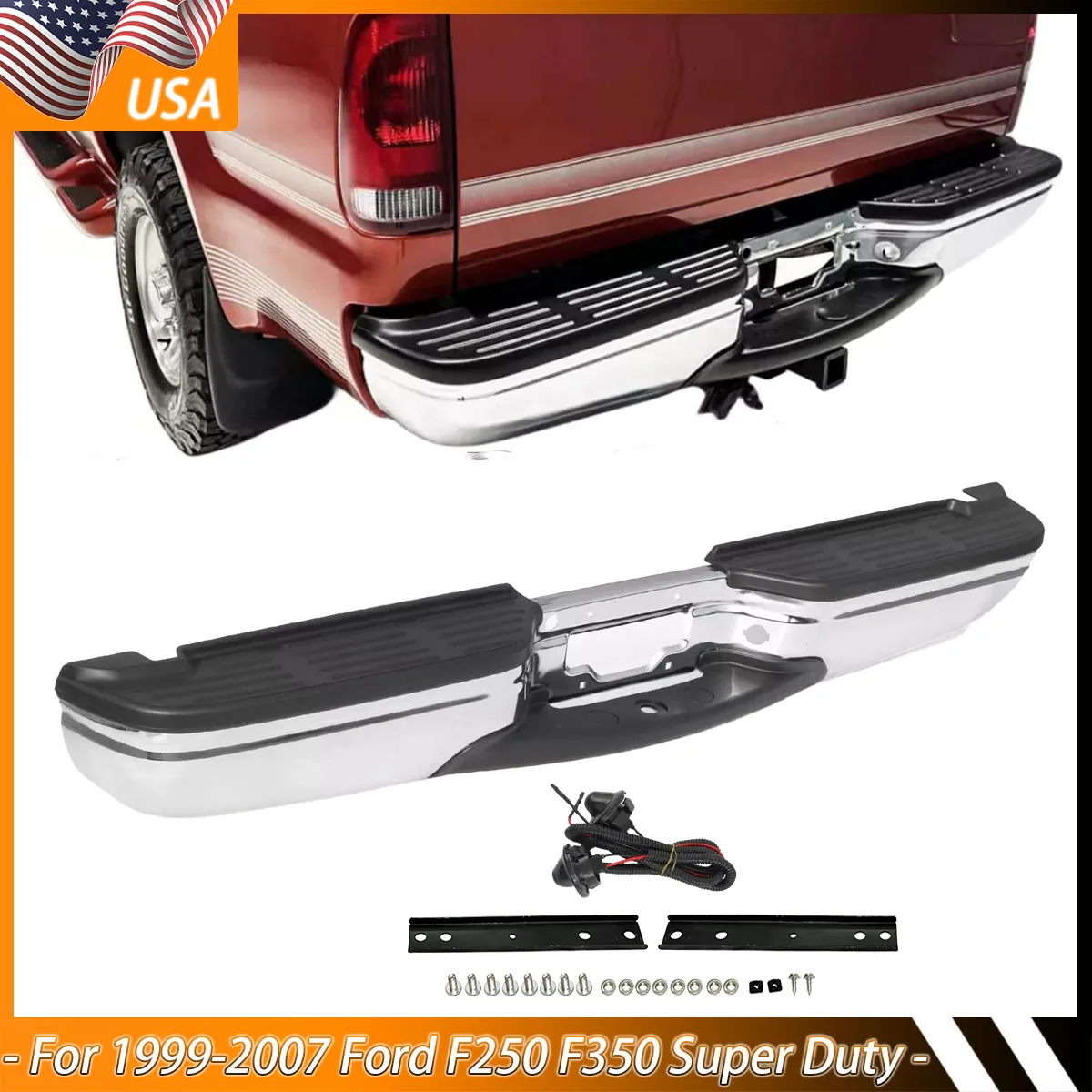 Magickit Chrome Rear Step Bumper Assembly Replace for 1999-2007 Ford F250 F350 Super Duty Without Parking Sensor Holes FO1101141