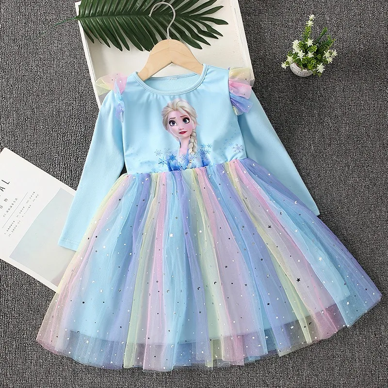 2025 New Elsa Princess Dress Disney Baby Girls Dress Spring Autumn Party Long-sleeved Children Frozen Kids Dress Rainbow 3-10Y