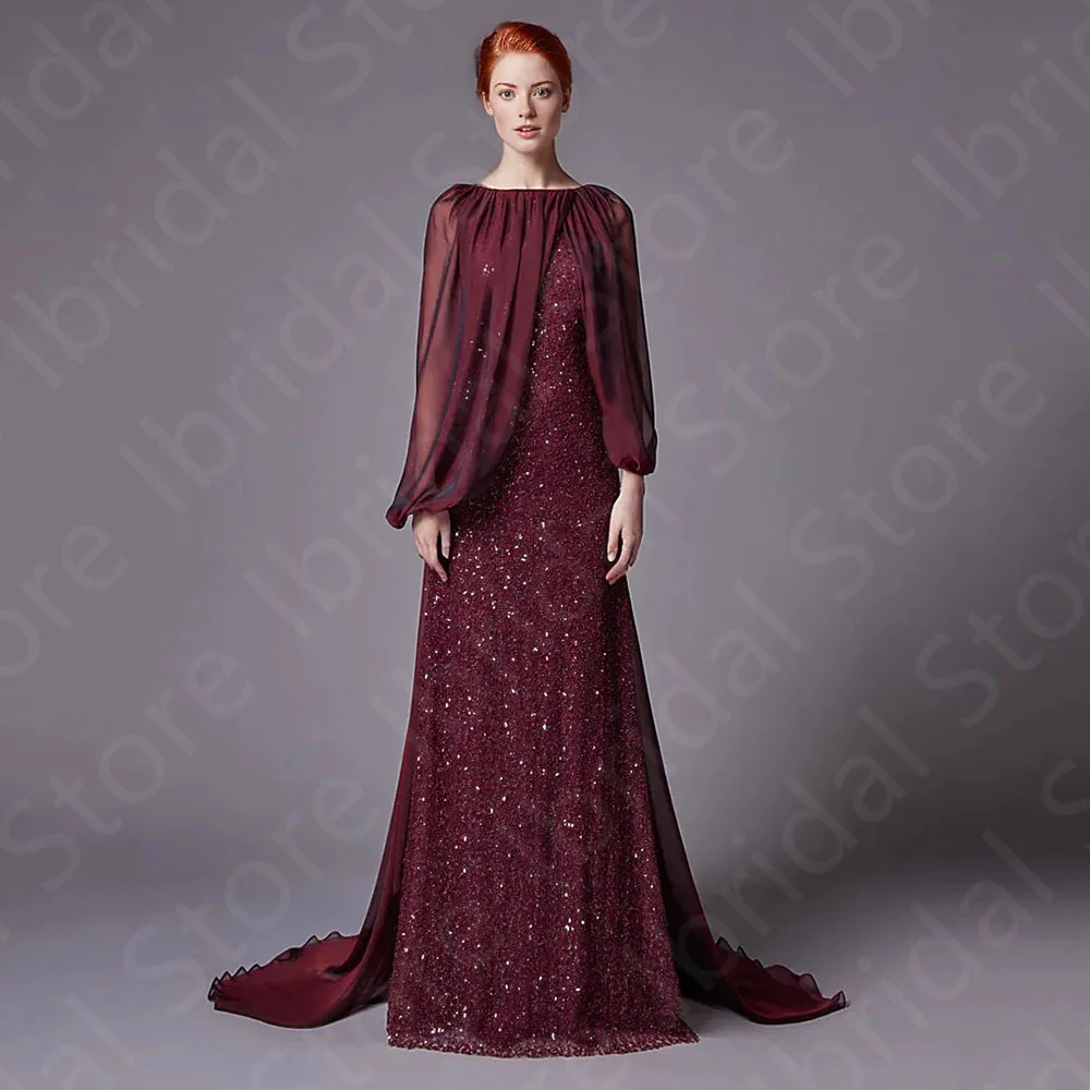 

Последние бордовые вечерние платья по индивидуальному заказу, расшитые блестками платья для выпускного вечера, с длинными рукавами, свадебные платья для гостей, с вырезом лодочкой и скользящим шлейфом, распродажа
